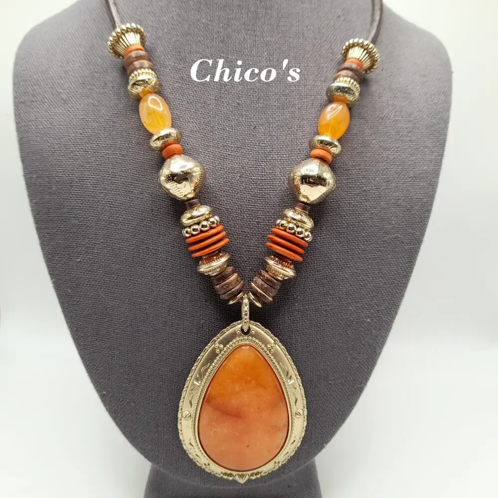 Chico's Beaded Gemstone Pendant Necklace, Leather Cord, 21 1/2